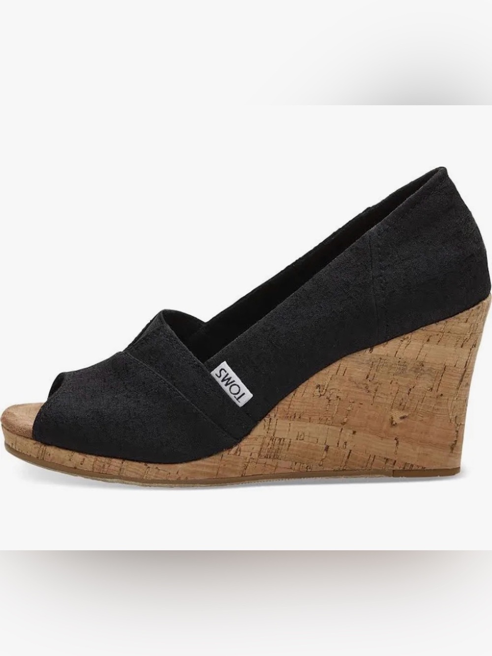TOMS Black Suede Cork Wedge Espadrille